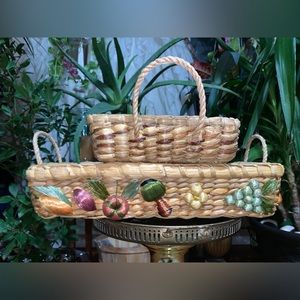 Vintage Boho Style Raffia Straw Lined Baskets With Handles And 3D Fruits